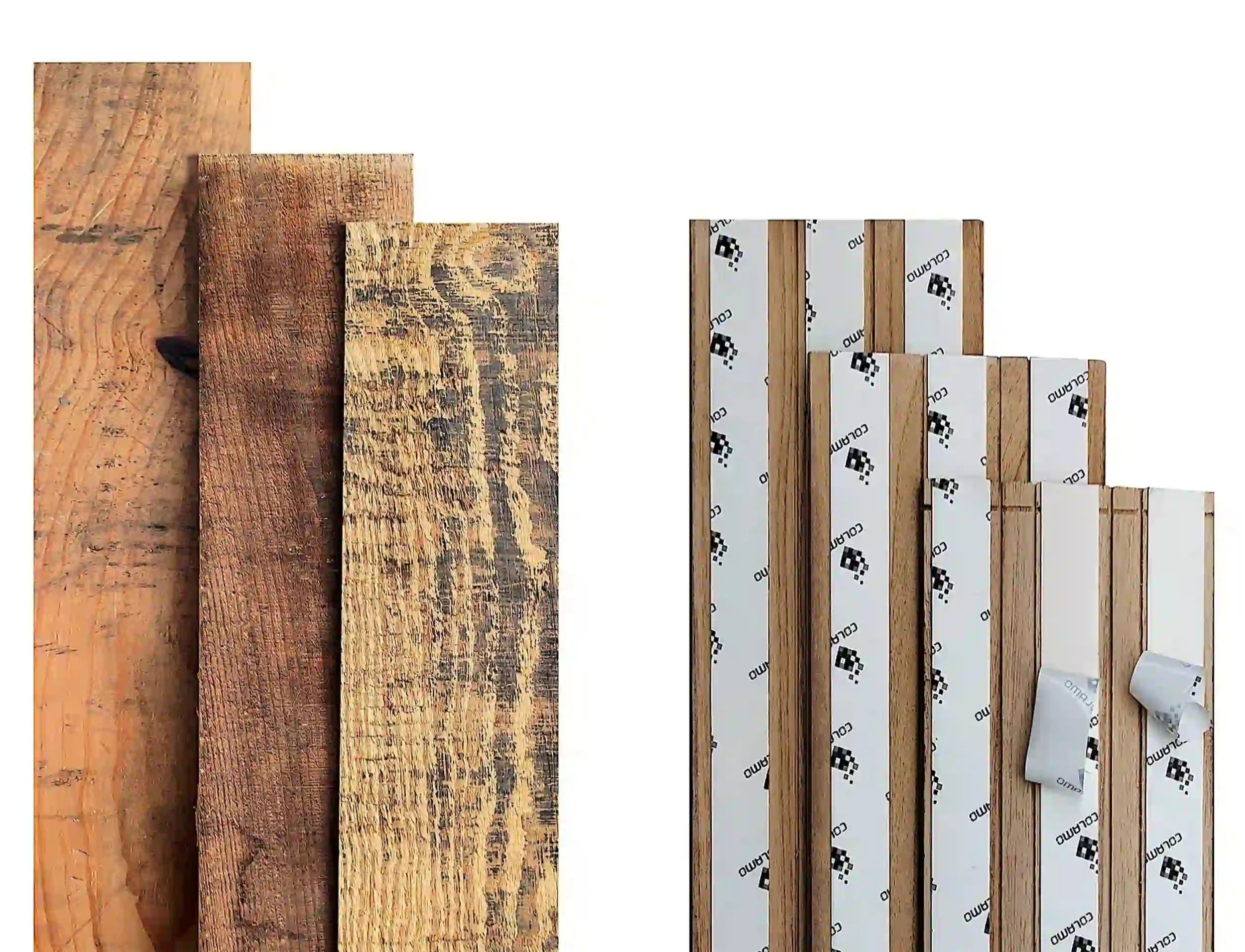 Planches de bois recyclé autocollantes COLAMO 4,53" x 35,43" pour murs