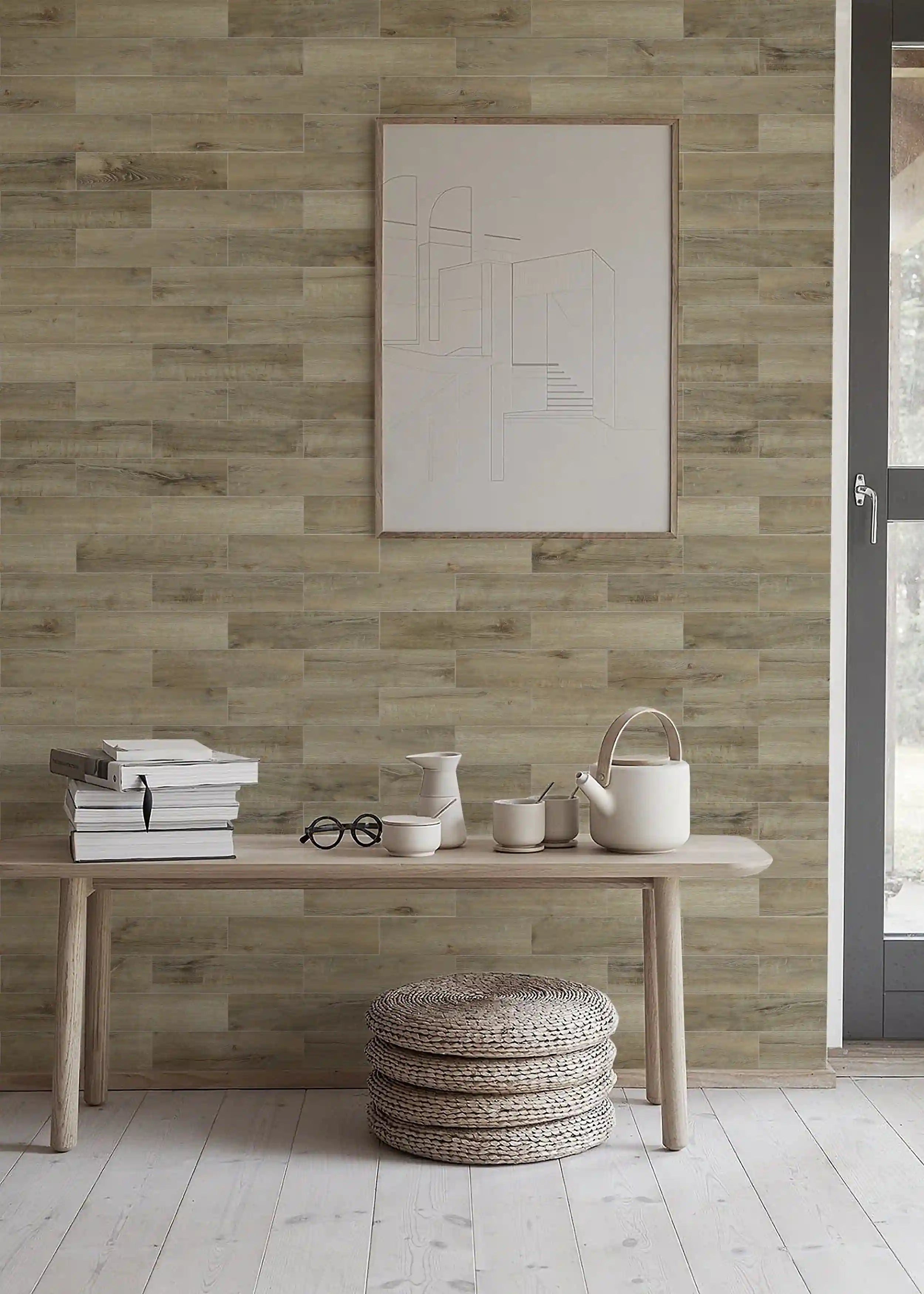 Carreaux COLAMO aspect bois vieilli chêne, crédences autocollantes, épaisses et rigides, imperméables 