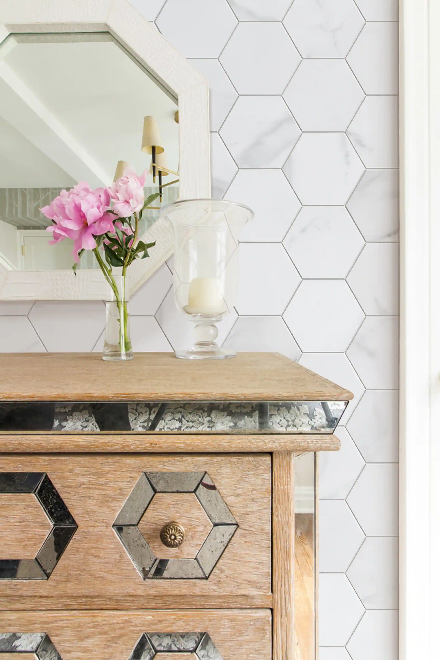 COLAMO Statuario Hexagon White Peel and Stick Backsplash Carrara Marble Tiles