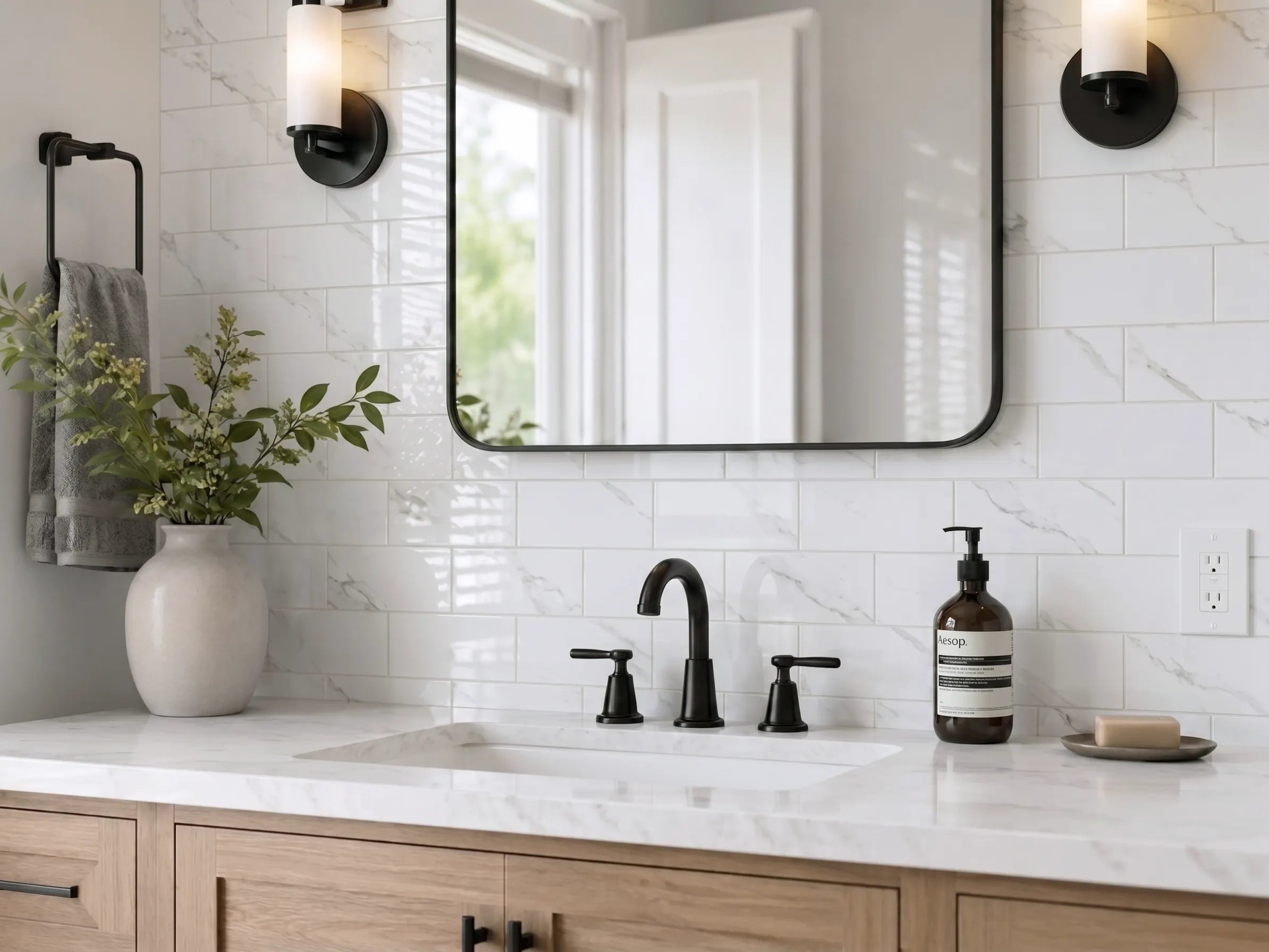 Glossy Carrara White peel and stick backsplash tiles (3"x6" subway pattern) installed as a bathroom vanity backsplash with a white quartz countertop and matte black faucet.