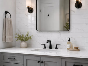 White Carrara marble peel and stick subway tile backsplash in a modern bathroom vanity with black fixtures