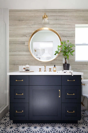 Bathroom vanity with wood look tiles backsplash