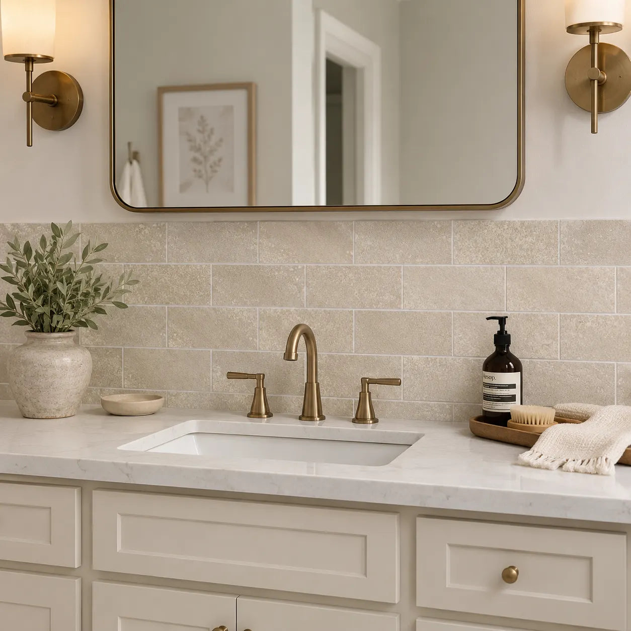 Beige travertine subway peel and stick backsplash tile in a bathroom vanity with brass sconces, brass faucet, cream cabinets, marble countertop, and neutral farmhouse decor.