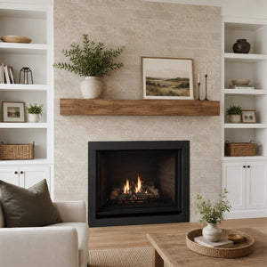 Beige travertine subway peel and stick backsplash tile used as a fireplace wall surround with wood mantel and built-in shelves