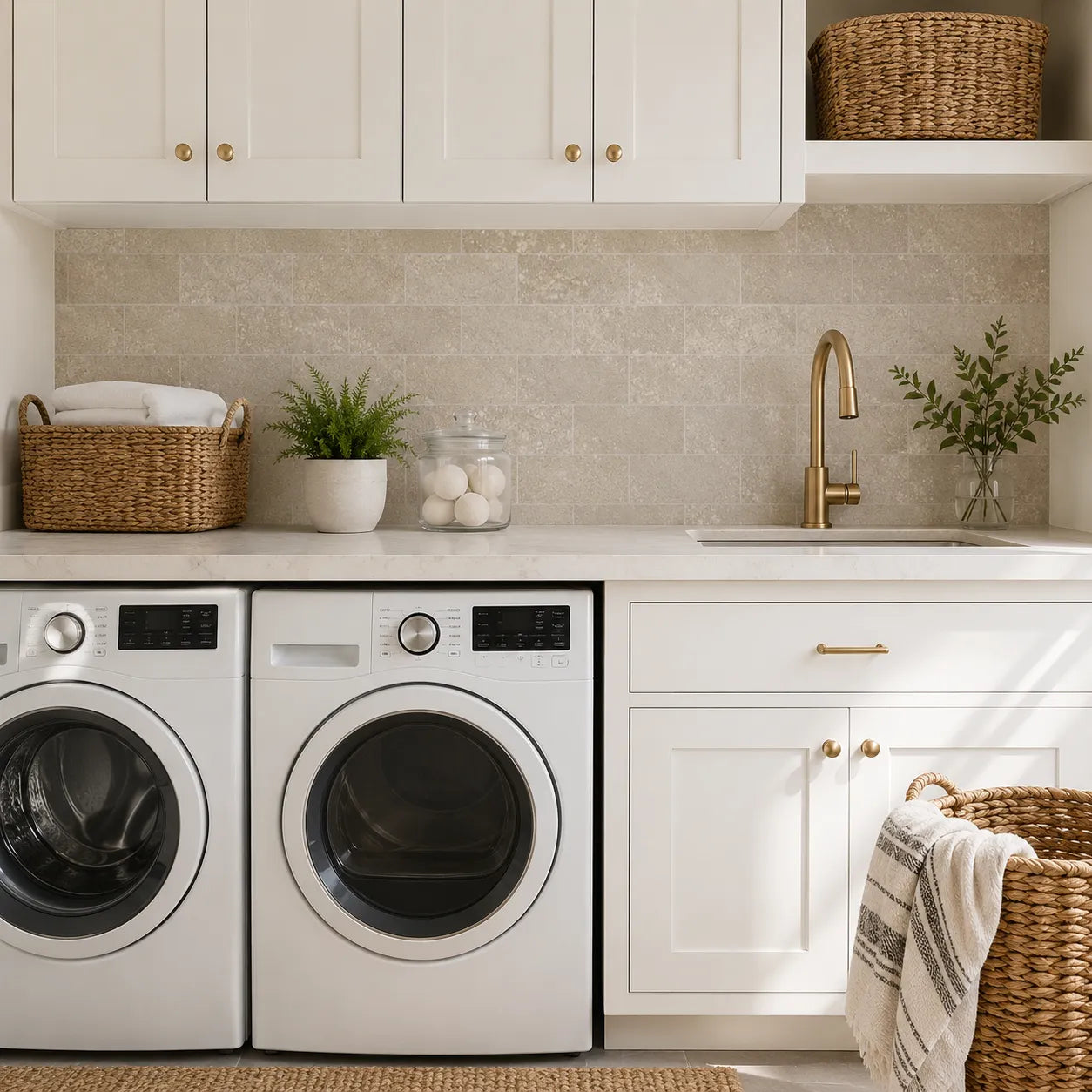Beige travertine subway peel and stick backsplash tile in a bright laundry room with white cabinets and brass faucet
