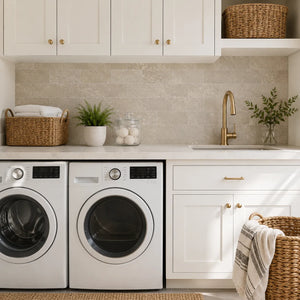 Beige travertine subway peel and stick backsplash tile in a bright laundry room with white cabinets and brass faucet