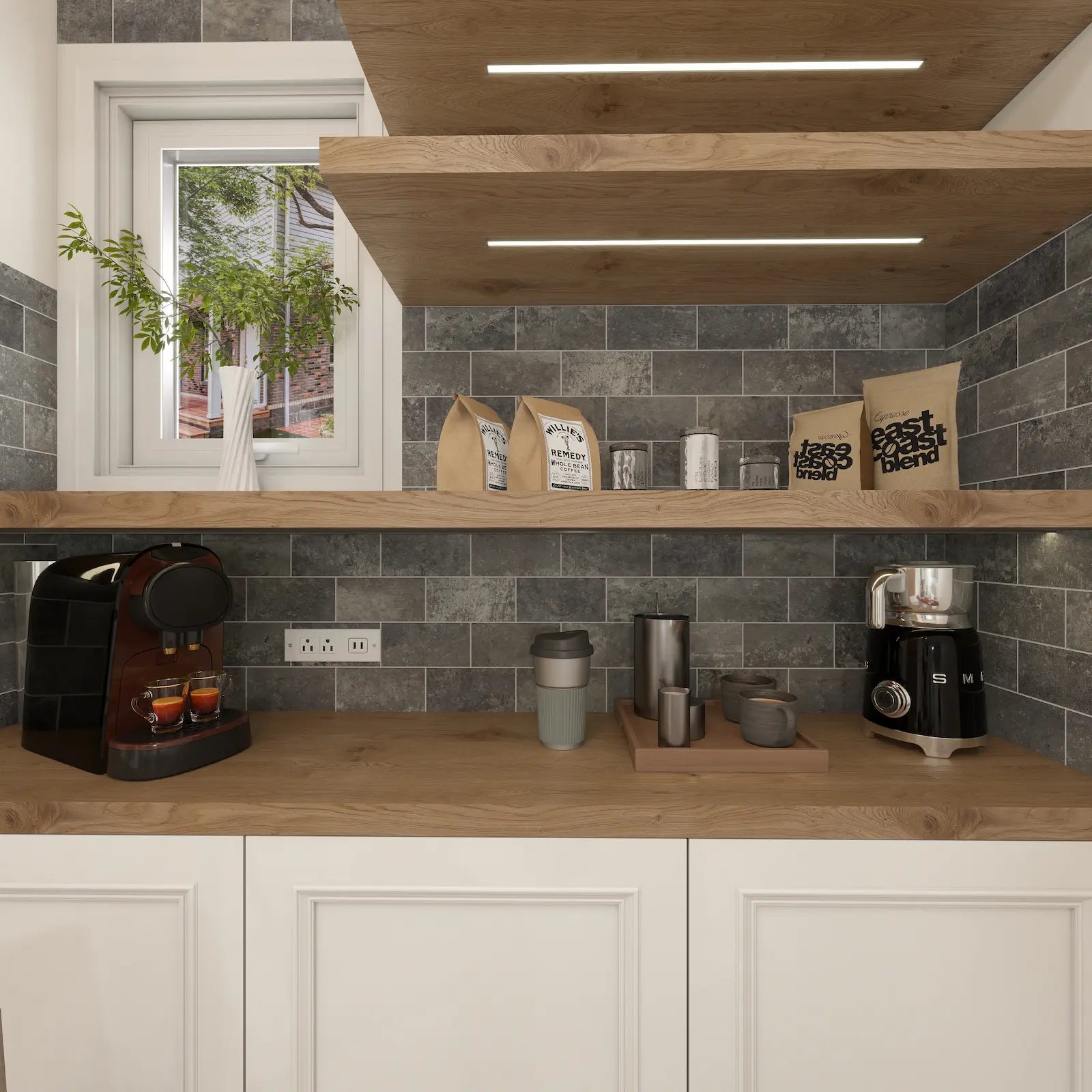 Charcoal gray stone peel and stick tiles installed as a coffee bar backsplash with wood shelves.
