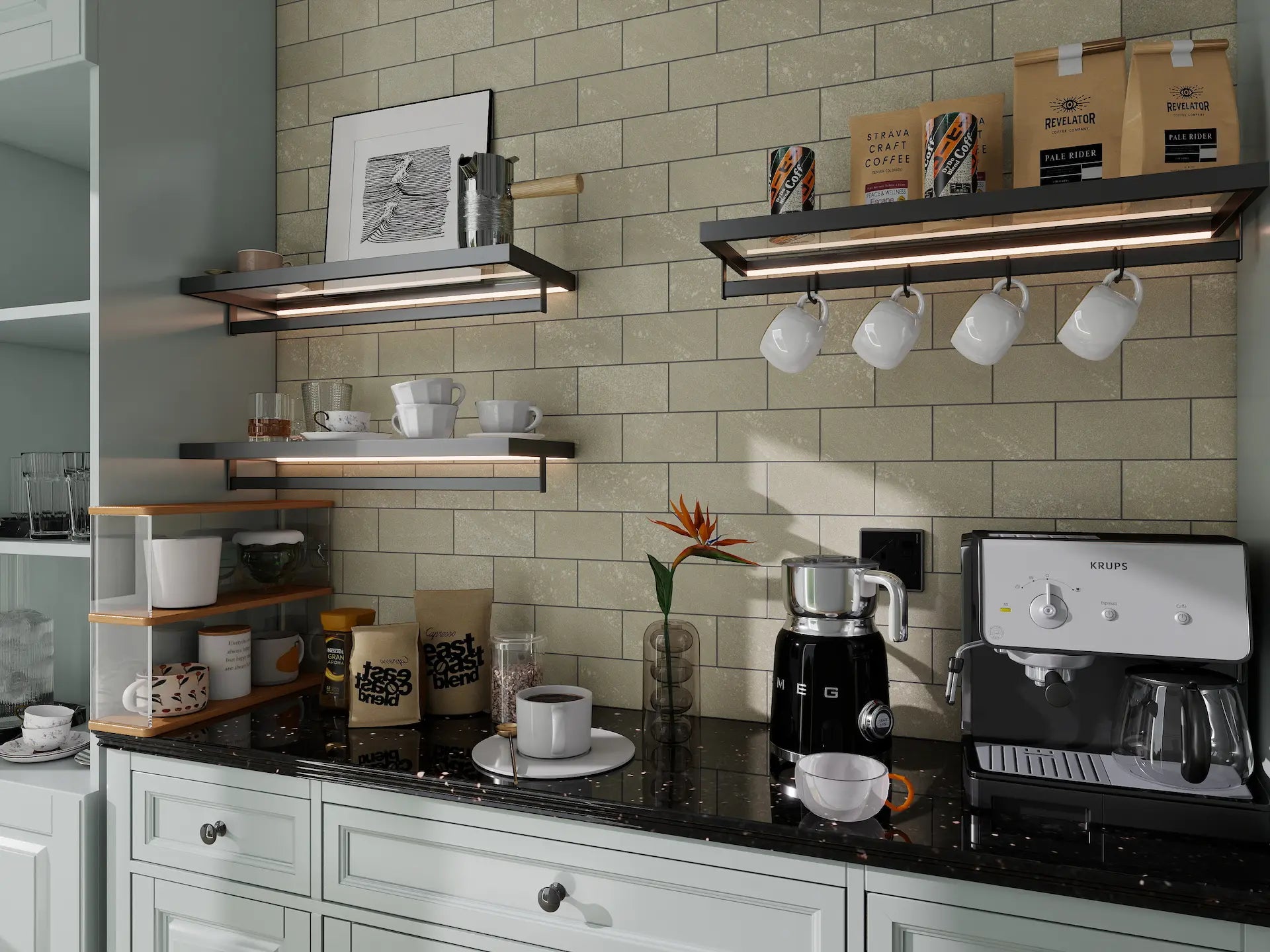 Colamo self-adhesive beige subway tile backsplash for kitchen and coffee station, featuring pre-printed black grout lines and waterproof finish.
