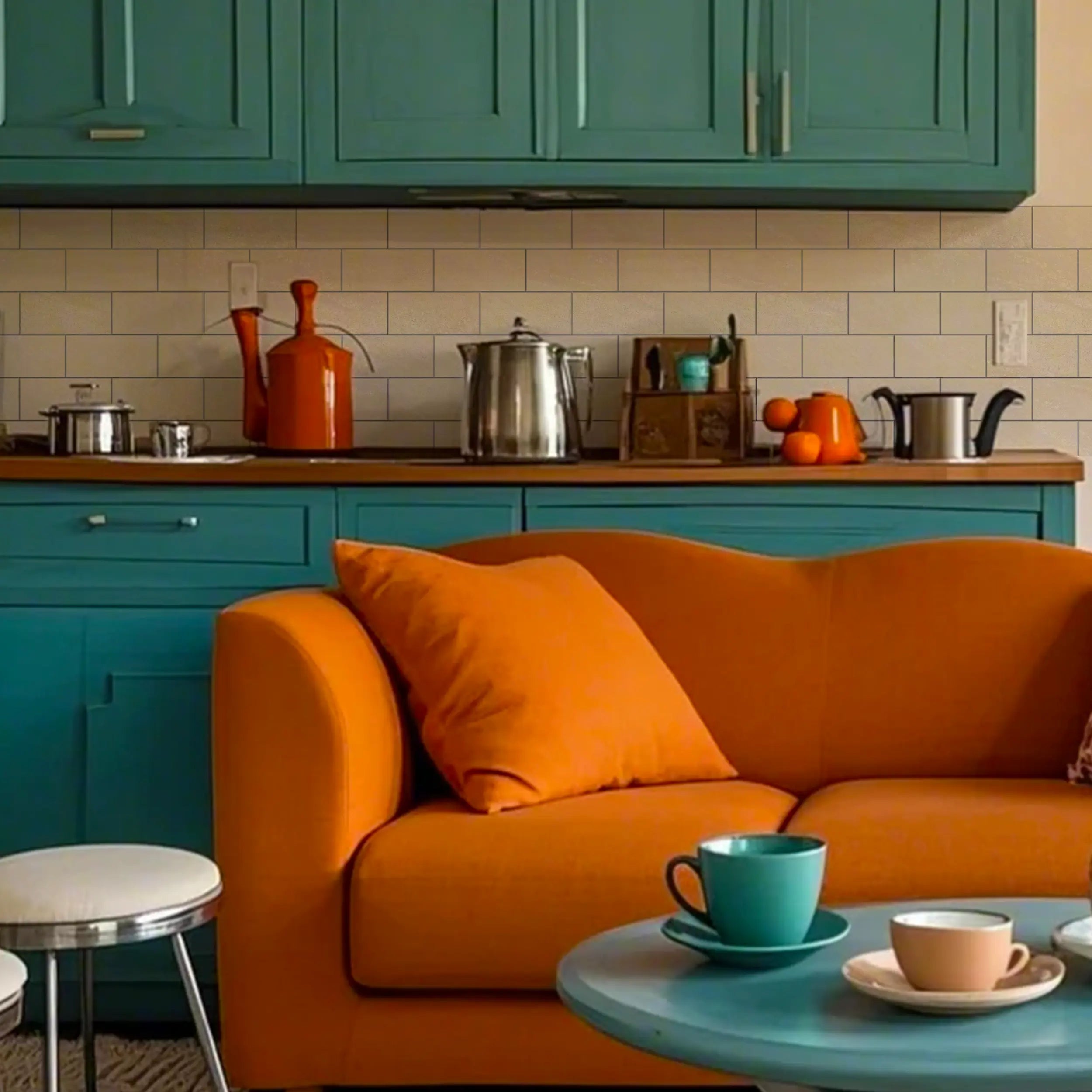 Colamo Luxury Beige Travertine subway peel and stick tiles used as a kitchen backsplash behind teal cabinets and a wooden countertop.