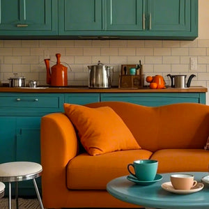 Colamo Luxury Beige Travertine subway peel and stick tiles used as a kitchen backsplash behind teal cabinets and a wooden countertop.