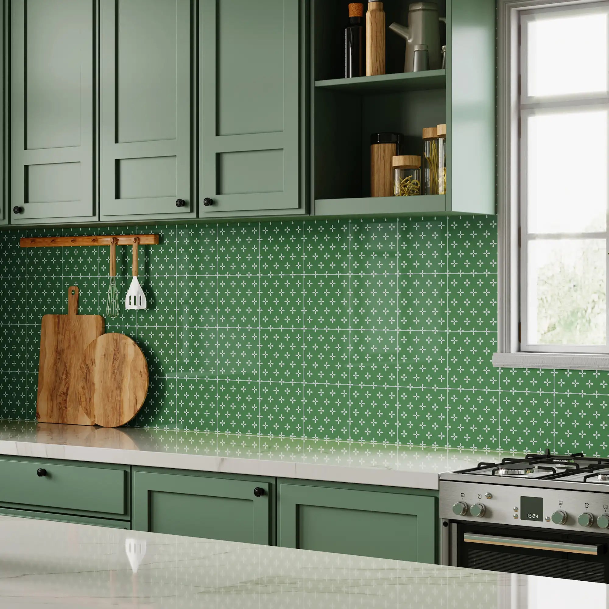 Modern green floral kitchen backsplash featuring Colamo floral peel and stick wall tiles for a luxury home DIY remodel.