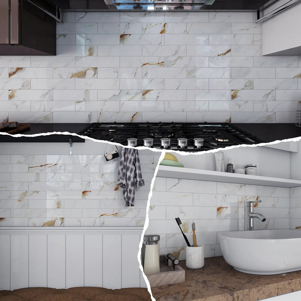 Colamo elongated Calacatta Gold peel and stick subway tile used in three settings: a kitchen stove backsplash, a wainscot accent wall, and a bathroom vanity wall
