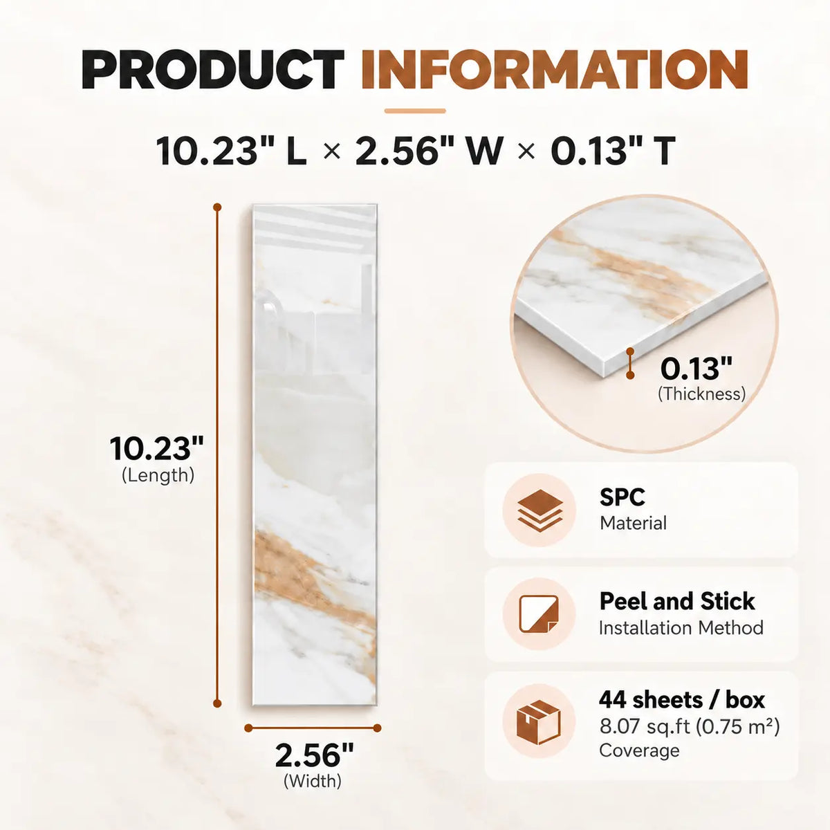 Product information for Colamo elongated Calacatta Gold peel and stick subway tile: 10.23 inch length, 2.56 inch width, 0.13 inch thickness, SPC material, 44 sheets per box covering 8.07 square feet