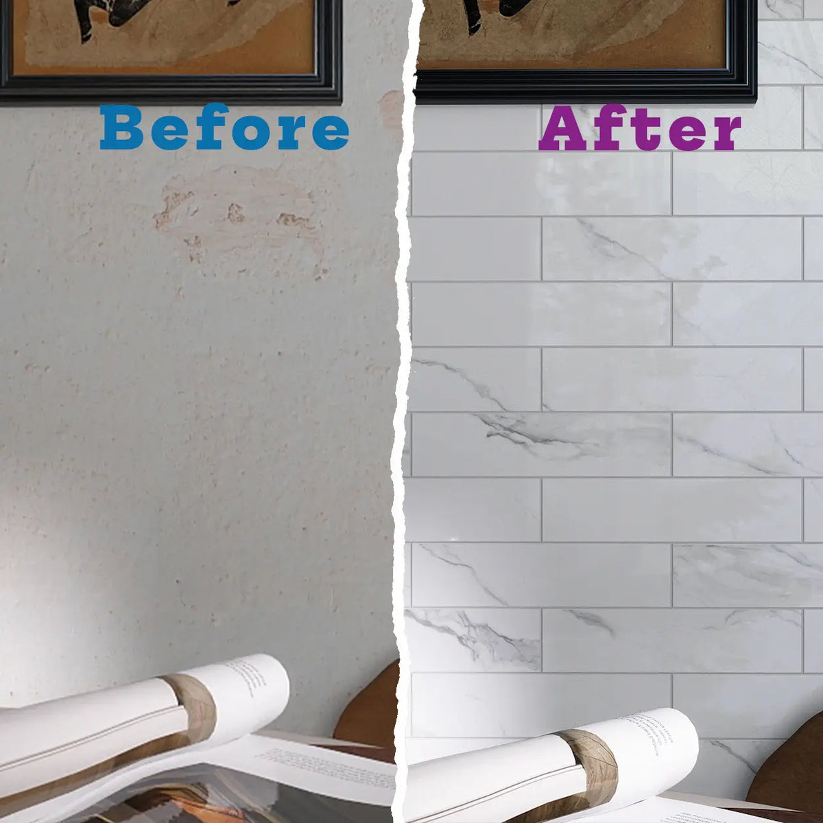 Before and after comparison of a worn textured wall transformed with Colamo elongated Carrara White peel and stick subway tile