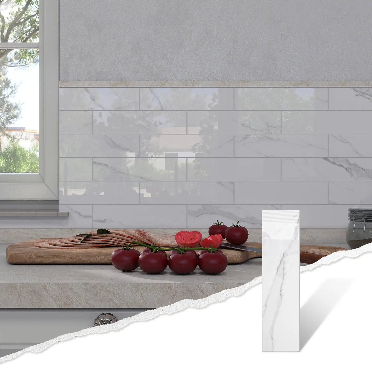 Colamo elongated Carrara White peel and stick subway tile installed as a glossy marble kitchen backsplash, with a single tile shown in the corner