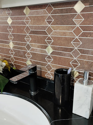 Mid-century geometric peel and stick backsplash tile above a black countertop sink with a faucet and soap dispenser