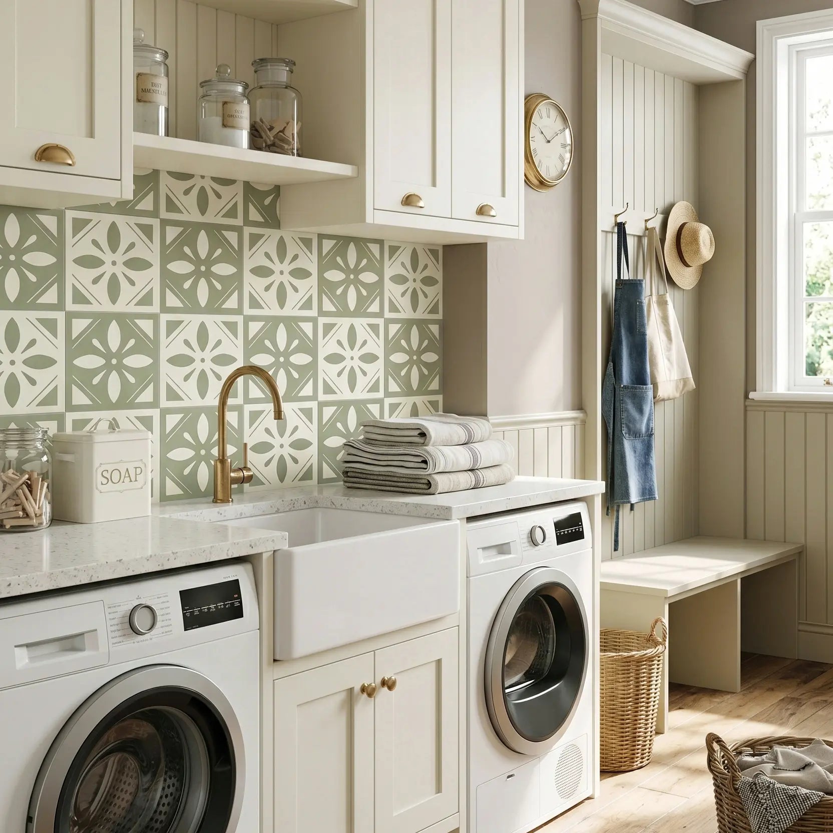 Sage green floral peel and stick backsplash tile installed in a laundry room