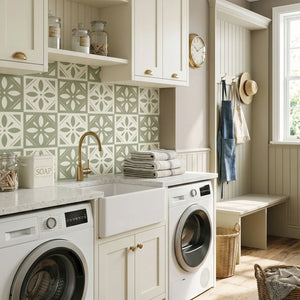 Sage green floral peel and stick backsplash tile installed in a laundry room
