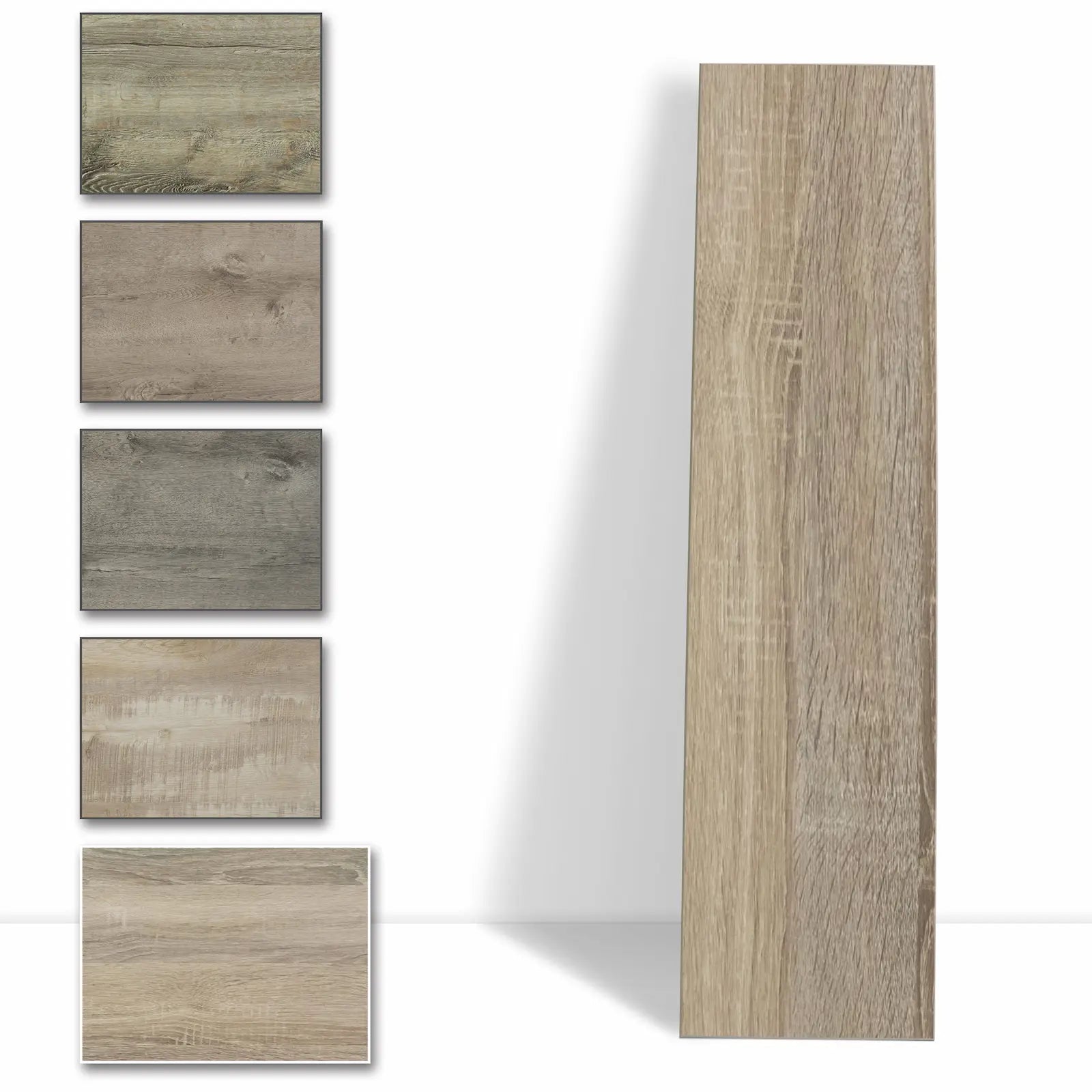 A selection of vintage oak wood look tiles in various shades with a peel and stick backing, presented in a collage format with one full-size tile on the right.