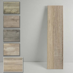 A selection of vintage oak wood look tiles in various shades with a peel and stick backing, presented in a collage format with one full-size tile on the right.