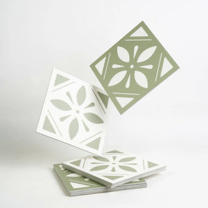Sage green floral peel and stick backsplash tile with white vintage pattern