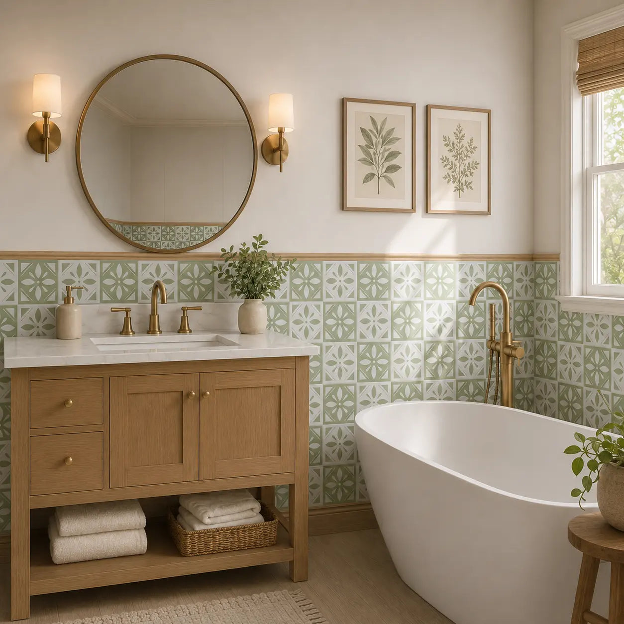 Sage green floral peel and stick tiles used as bathroom wainscoting beside an oak vanity and freestanding tub.