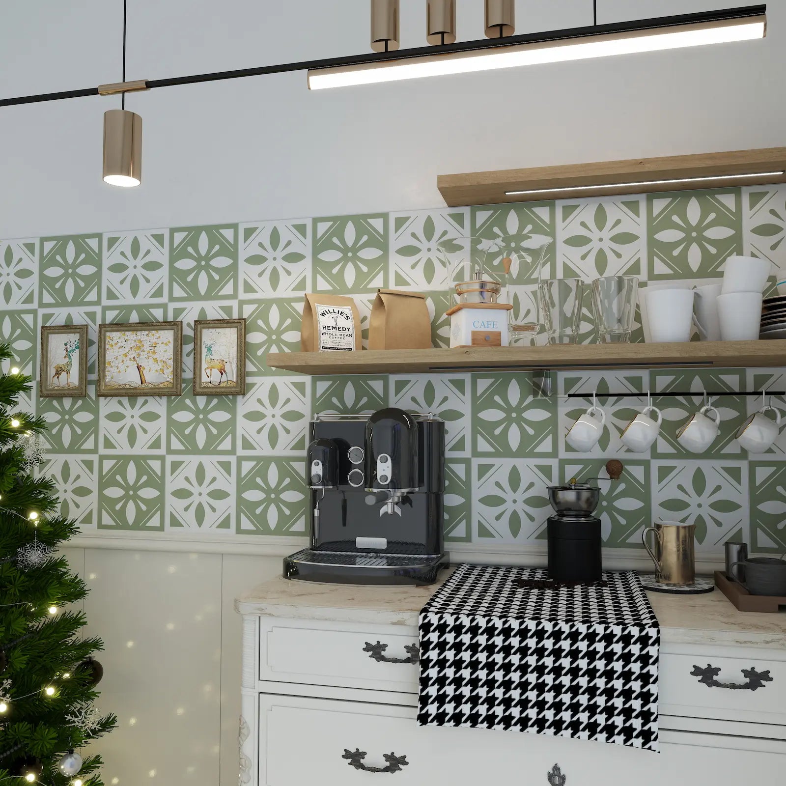Sage green floral peel and stick tiles installed as a coffee bar backsplash.