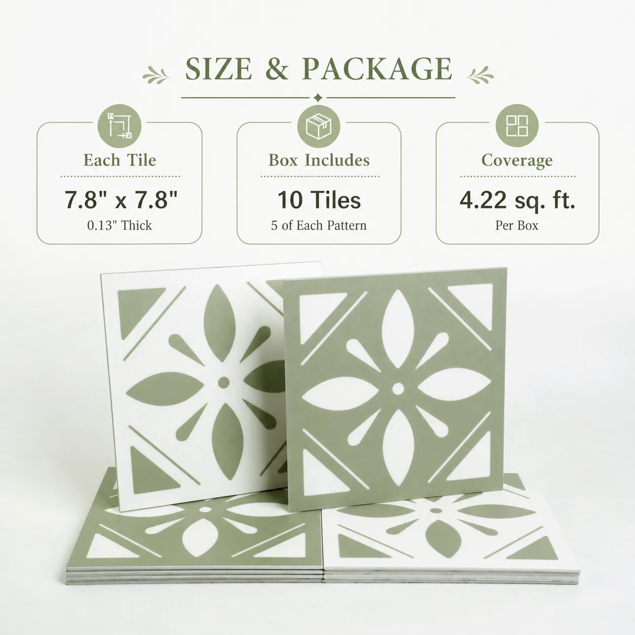 Size and package details for sage green floral peel and stick backsplash tile