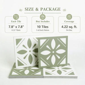 Size and package details for sage green floral peel and stick backsplash tile