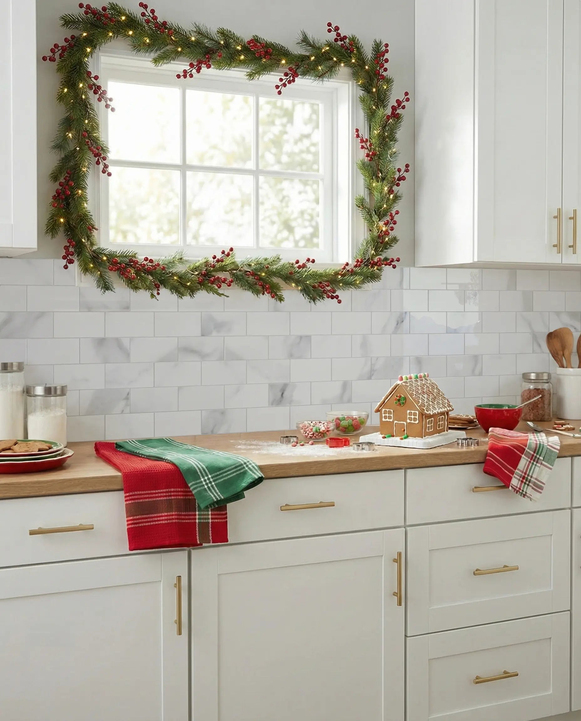 Carrara marble peel and stick subway tile backsplash in a festive kitchen setting with white shaker cabinets, butcher block countertops, and holiday garland decor.