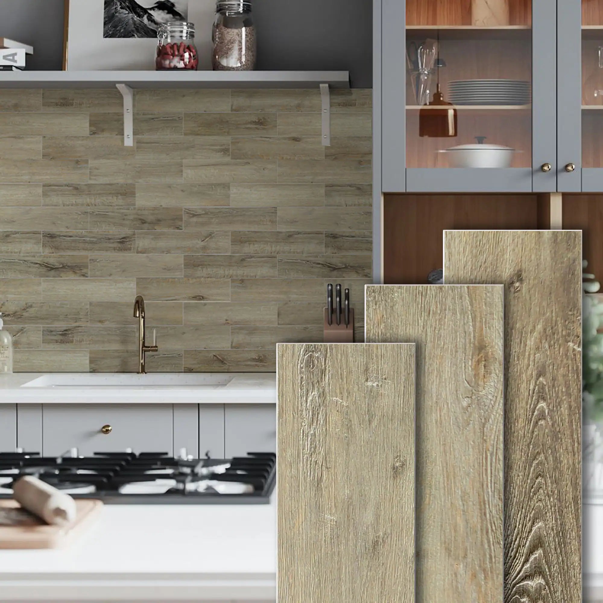 COLAMO Oak Weathered Wood Look Tiles Waterproof Thick Rigid Peel and Stick Backsplashes
