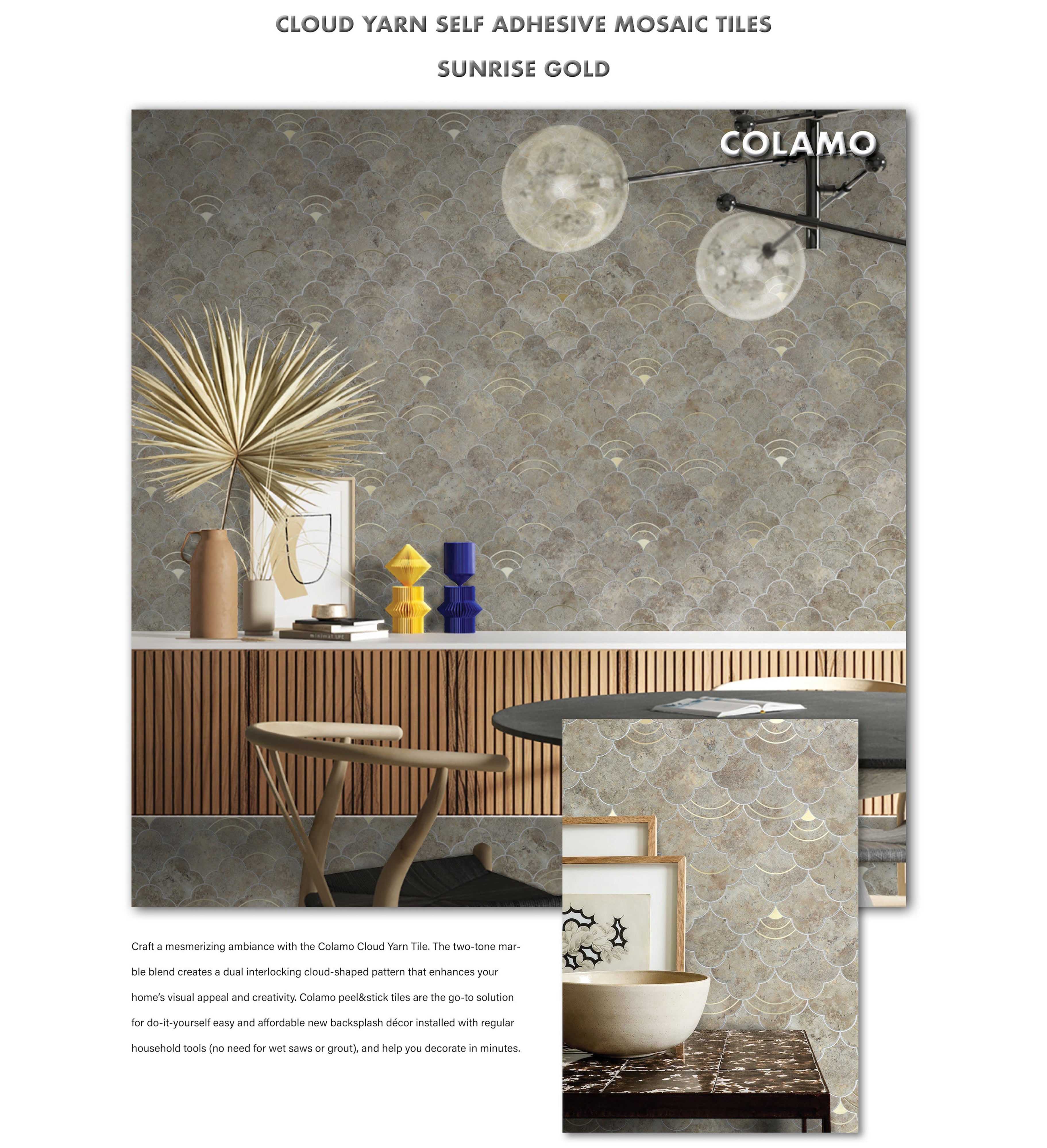 Carrelage mosaïque autocollant en fil nuage pour dosseret, or lever de soleil