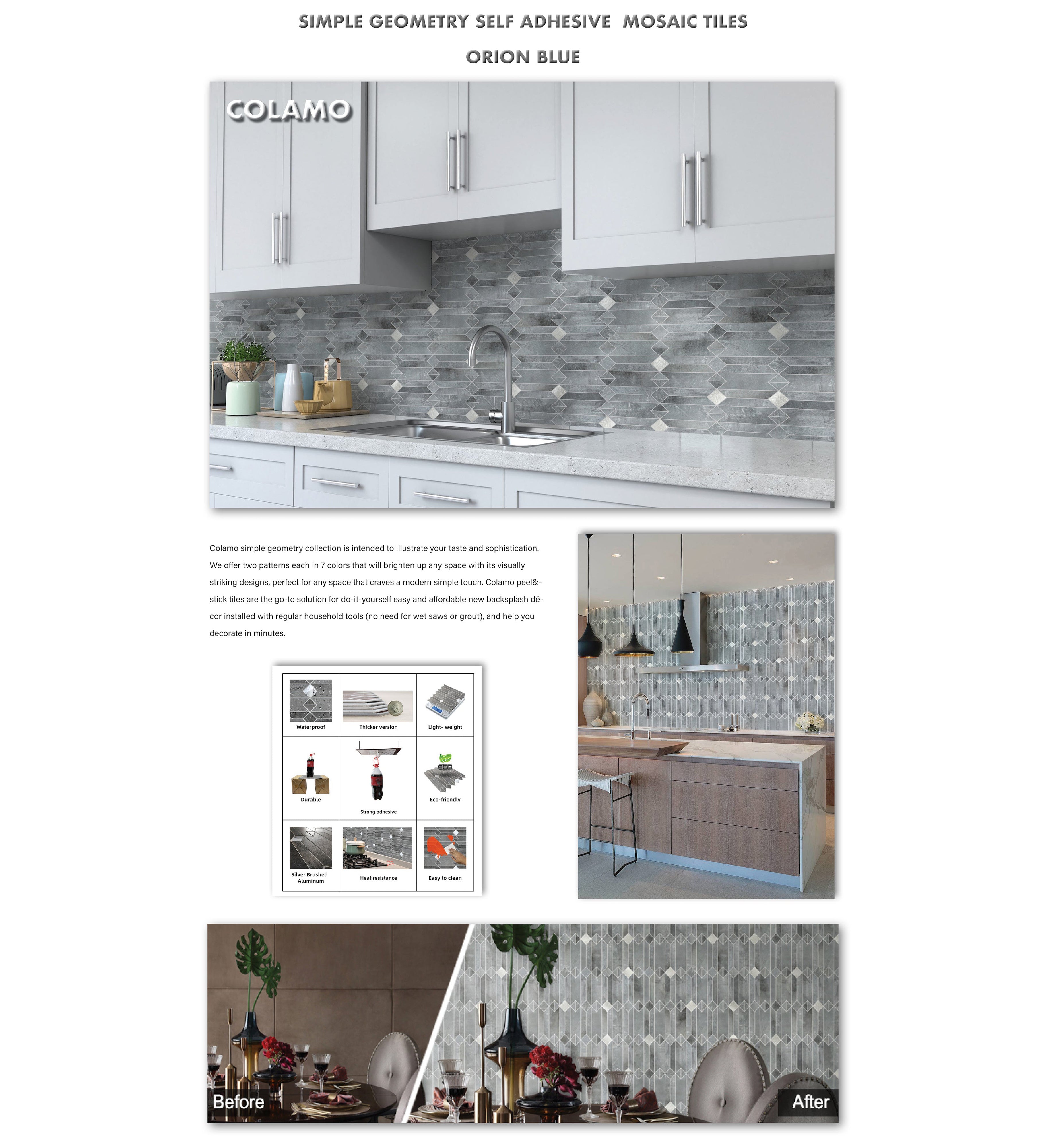Panneaux muraux, dosserets et carreaux à coller, motif géométrique simple, bleu Orion