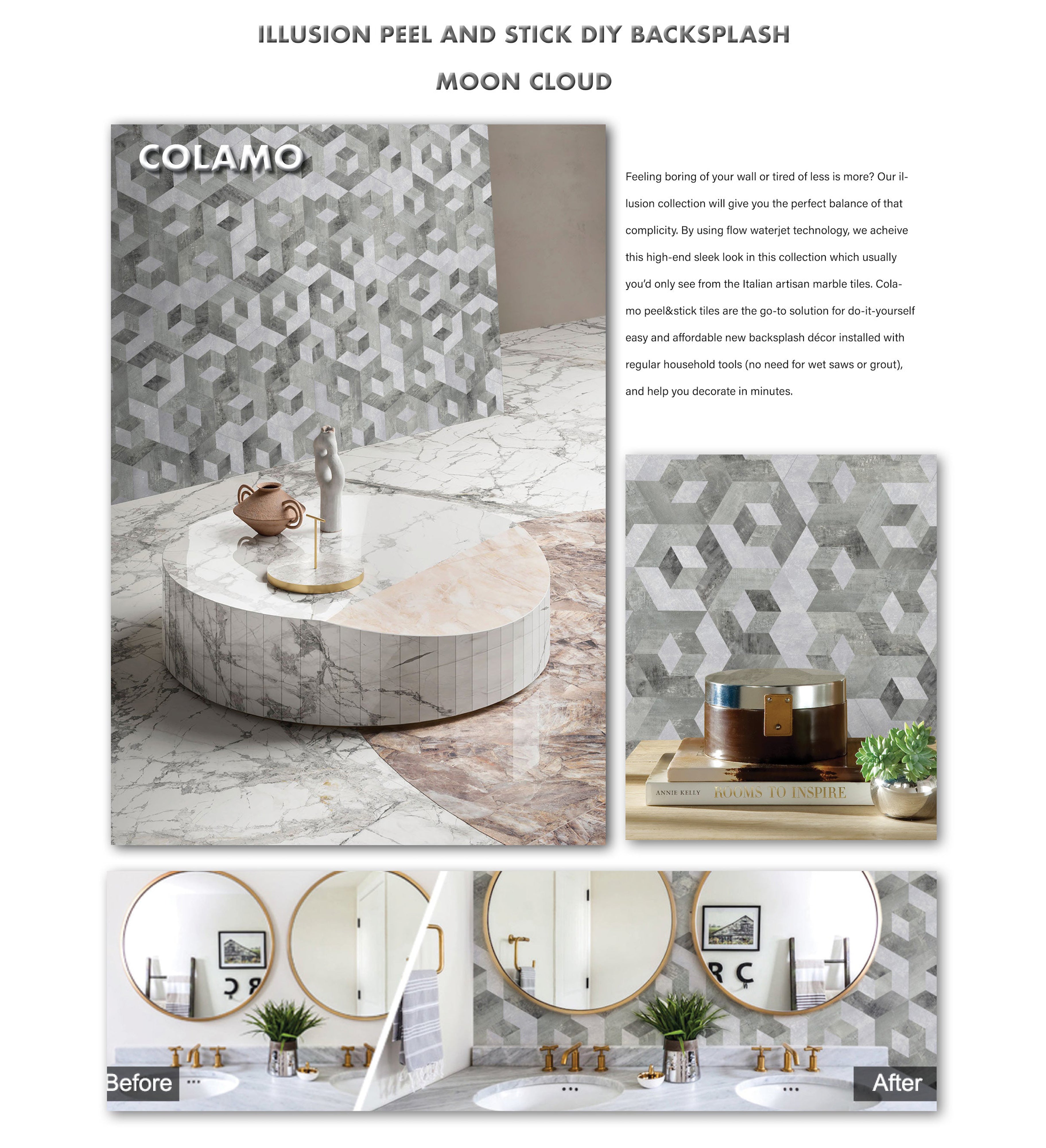 Illusion Peel and Stick Backsplashes Hexagon Tiles, Moon Cloud
