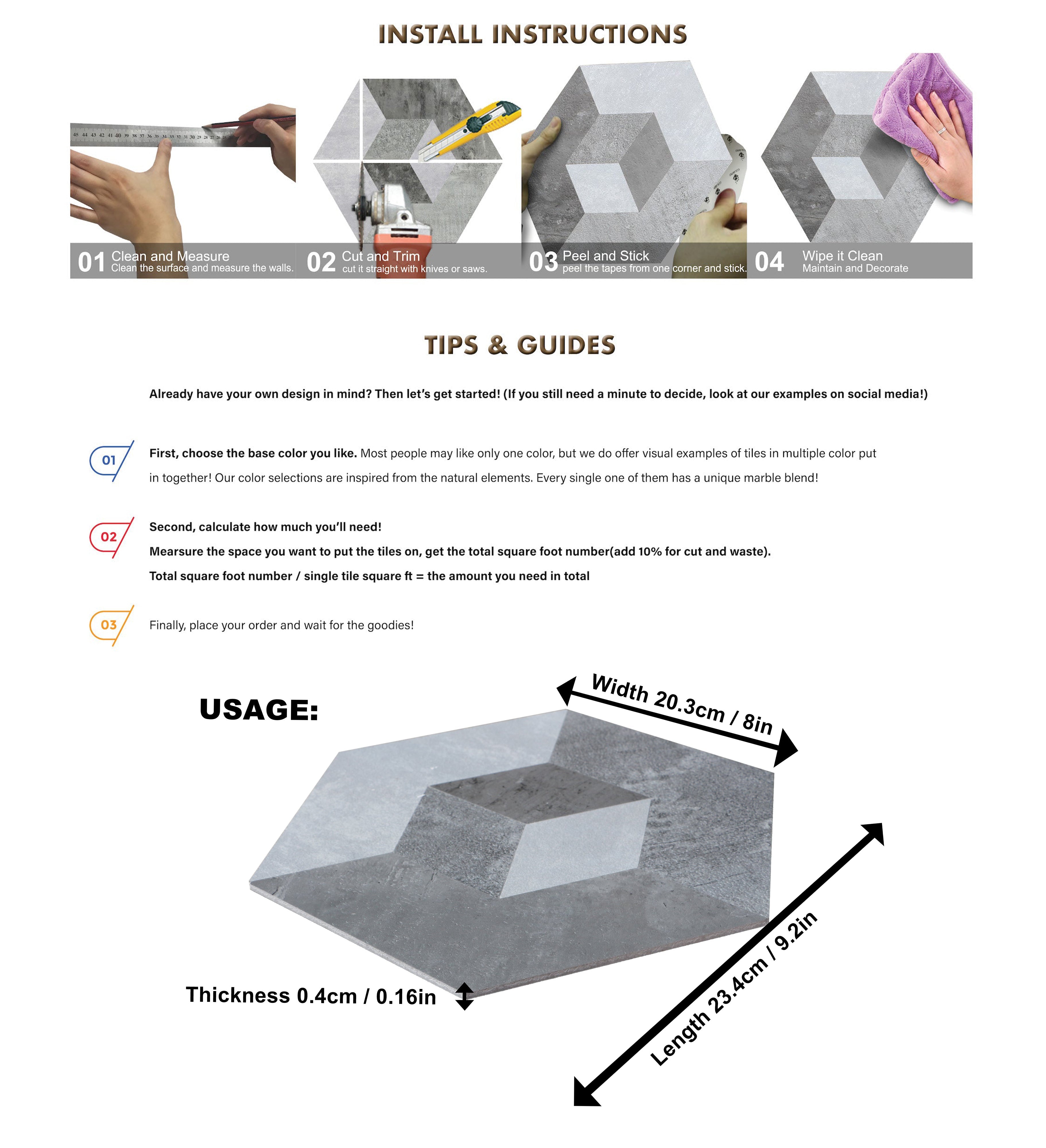 Illusion Peel and Stick Backsplashes Hexagon Tiles, Moon Cloud