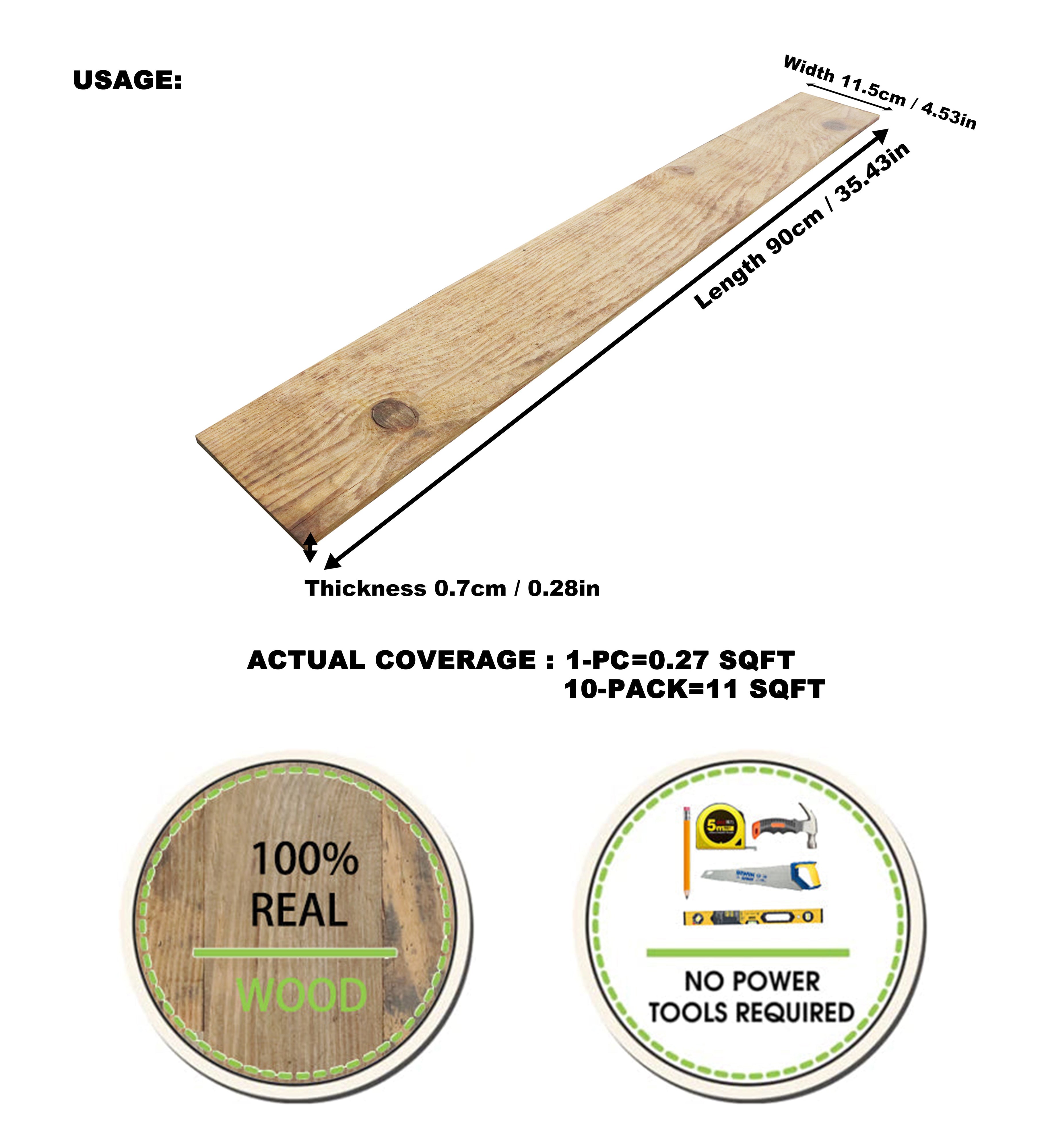 Planches de bois recyclé autocollantes COLAMO 4,53" x 35,43" pour murs